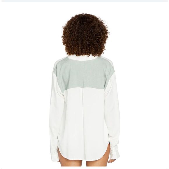 Volcom Coco Ho Yoked Green and White Linen Blend Button Down Top Size Small - Picture 1 of 9